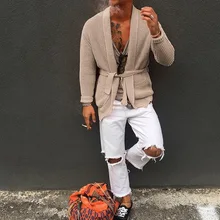 Мужские модные однотонные трикотажные кардиганы с длинными рукавами, новинка года, мужские шали с воротником, свободные, тонкие, на шнуровке, Повседневные свитера, пальто