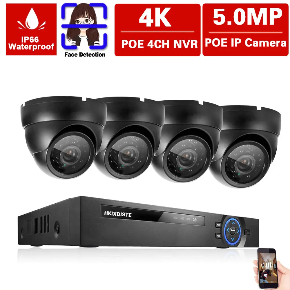 Система видеонаблюдения H.265 4 канала 4K POE NVR 5 МП купольная IP-камера с ии для