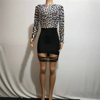 

Y80 Sexy Women Black Mesh Rhinestones Short Dress Party Big Stretch Crystal Stones Skirt One Piece Stage Costume Singer Wears DJ