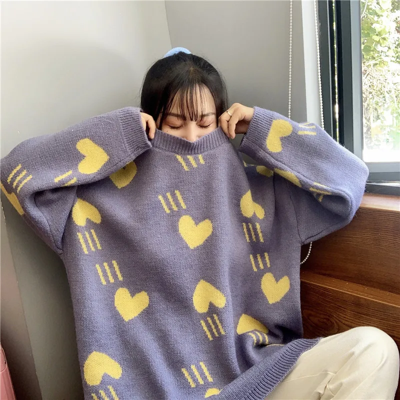 Harajuku Модный пуловер с длинными рукавами, свитер, Милый вязаный женский свитер, повседневный свободный толстый теплый женский свитер