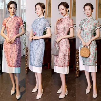 

Plus Size 3XL Rayon Lady Aodai Summer Daily Cheongsam Dress Print Flower Elegant Slim Evening Gowns Vintage Short Sleeve Qipao