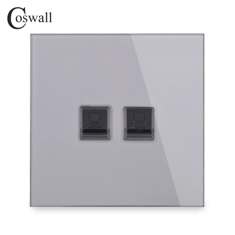 Grey Coswall Кристалл Закаленное стекло панель 2 банды RJ45 CAT5E интернет-Джек Розетка для передачи данных компьютерная розетка Белый Черный Серый Золотой - Тип: Grey