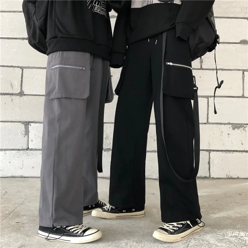 String High Waistband Zip Pocket Ribbon Loose Harem Cargo Jogger Hip Hop Streetwear Punk Track Pant Harajuku Women Man Korean
