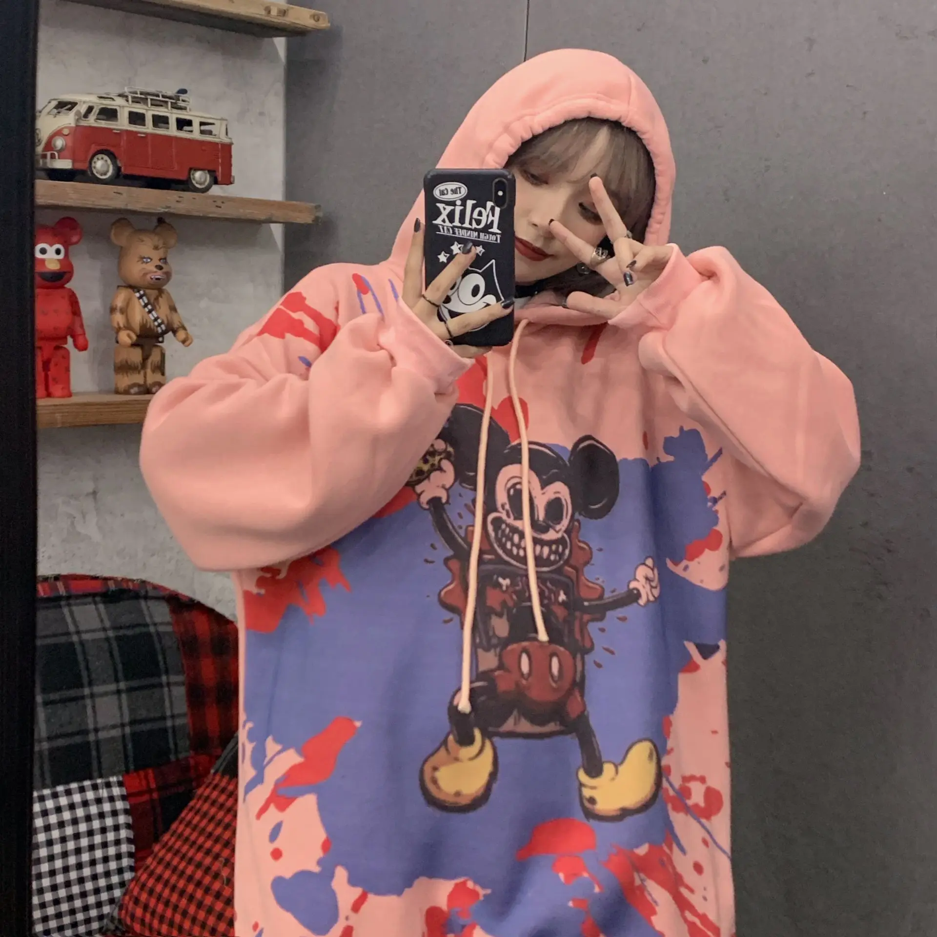 PINK Новинка, Харадзюку, худи для женщин, Микки бомбермен, милые, каваи, хип-хоп, корейские толстовки, граффити, толстовка, мышь, пуловер, Polerones Mujer - Цвет: PINK