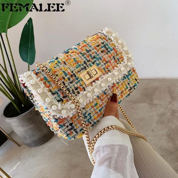 

Winter Fashion New Female Square Tweed bag Quality Woolen Pearl Women's Designer Handbag Ladies Chain Shoulder Crossbody Bag