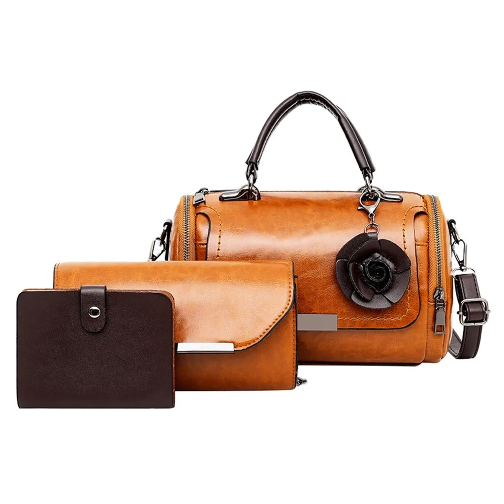 

3Pcs Set Bags Women Retro Flower Leather Chains Handle Bag Purse Handbag Totes Shoulder Cross body Cover Bags torebki damskie