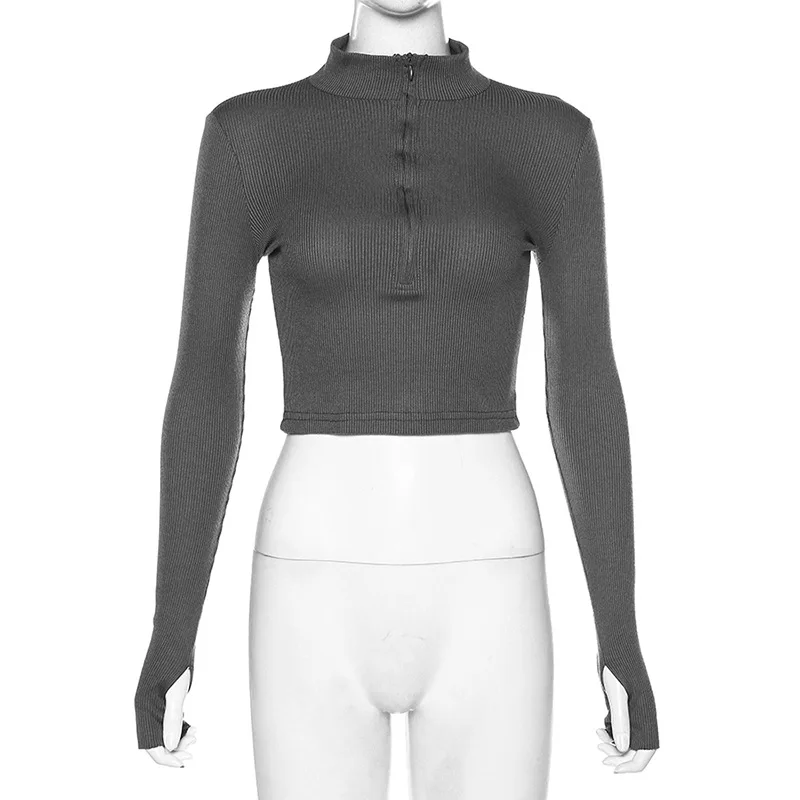 solid color casual T-shirt women long sleeves turtleneck crop tops sexy simple style party club 2025 spring summer new