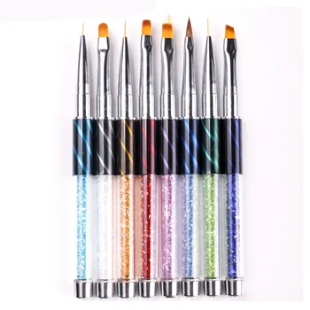 

8pcs DIY Rhinestone Handle Manicure Tool Pens Flower Line Grid Painting UV Gel Cat Eye Nail Brush Set Drawing Flat Carving