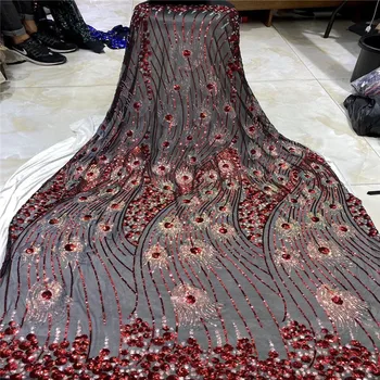 

African sequins Lace Fabric Embroidered Nigerian Laces Fabric 2020 red/gold High Quality Gold French Tulle Lace Fabric For Women