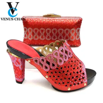 

Red Color New Fashion Crystal Woman Sandals And Bag Set Italian Style Woman Wedding Shoes And Matching Purse Set For Party