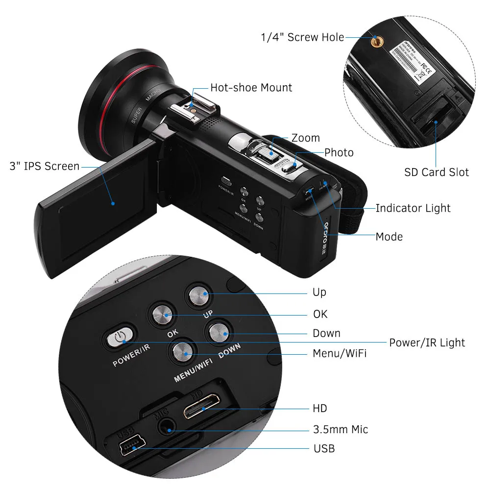 ORDRO HDV-AE8 4K 30MP 16X WiFi цифровая видеокамера 3 дюйма ips сенсорный экран Видеокамера 0.39X широкоугольный объектив внешний микрофон+ бленда