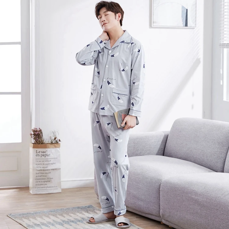 Cotton Cardigan Pajama Sets for Men Autumn Winter Long Sleeve Print Pyjama Sleepwear Male Lounge Homewear Home Clothes