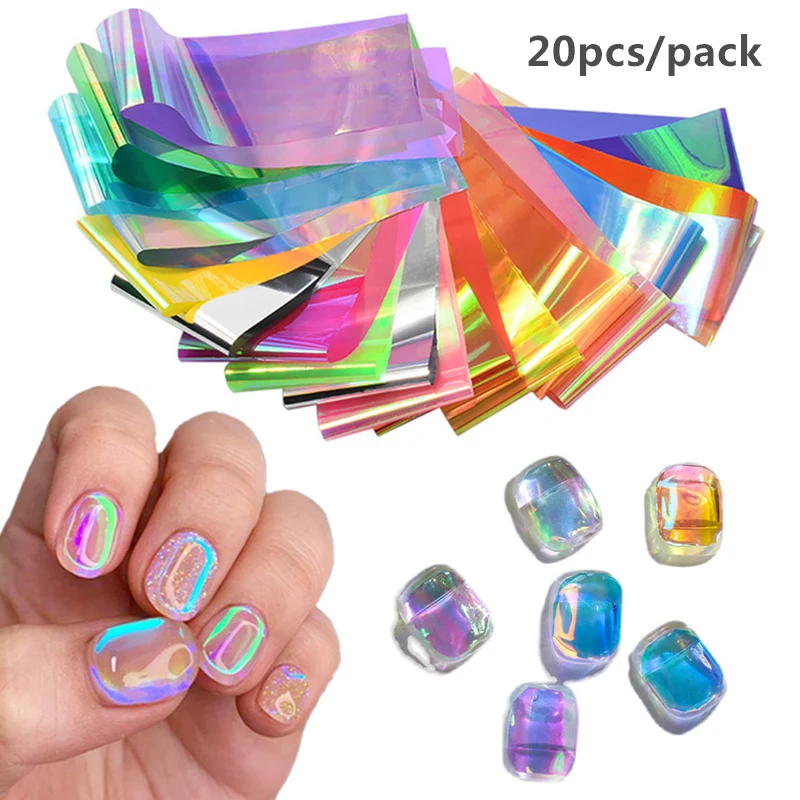 20 Sheets Aurora Film Nail Foils for Transfer Paper Sticker Ice Cube Sliders Adhesive Paper Wraps Gradient Nail Art Decorations nail foils marble series pink blue foils paper nail art transfer sticker slide nail art decal nails accessories 1 box