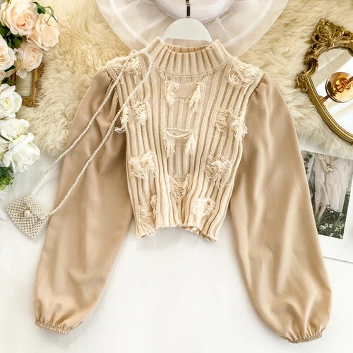 Apricot Neploe Autumn Fashion Slim Pull Jumpers Short Turtleneck Vintage Pullover Knitwear Lantern Sleeve Patchwork Knitted Tops 55529 - Цвет: Apricot