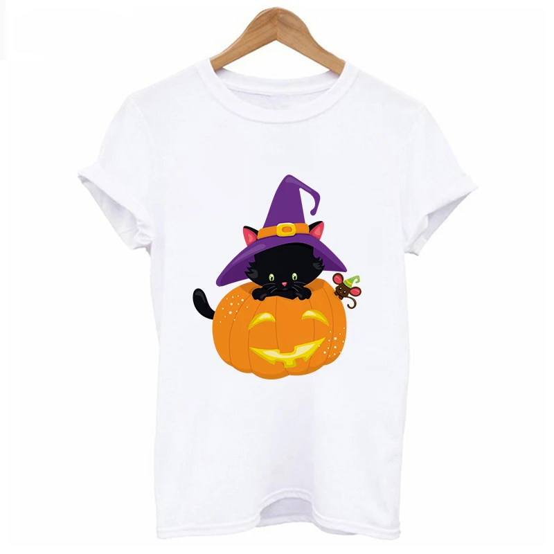 New halloween Cat and pumpkin 2019 t shirt women fashion Harajuku Short Sleeve t shirt White Comfortable Tshirt Tops clothing