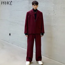 PFHQ Niche Men Clothing Red Irregular Tie Big Size Blazers Loose Jacket And Casual Suit Pants 2021 Autumn Winter New Set 21D421