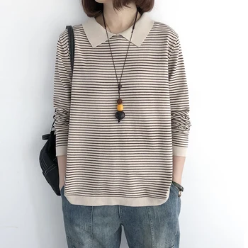 

Autumn New Lapel Sweater Women Loose Joker Stripe Long Sleeve Shirt Thin Slim Pullover Base Spring Sweater 2020