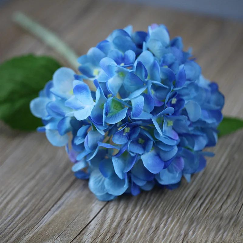 Blue Большая голова искусственная Гортензия цветы ветка Шелковый Искусственный цветок с листьями для DIY магазина домашний сад свадебное украшение искусственный Флор - Цвет: Blue