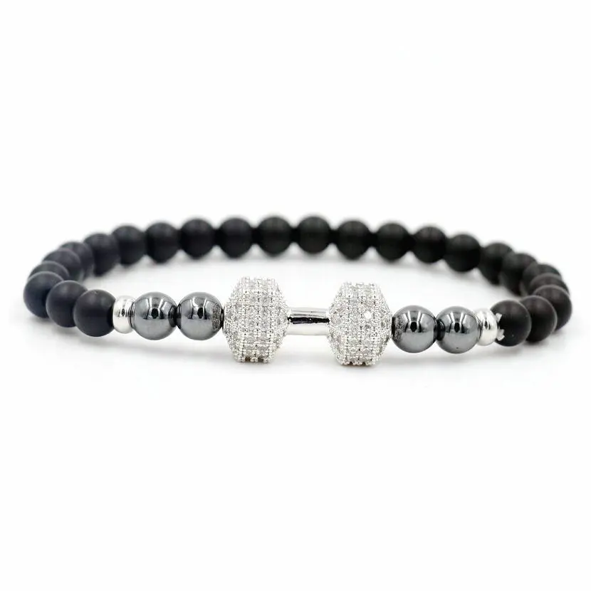 Dumbell silver Lucky инкрустация микро CZ гантели бусины браслет для мужчин и женщин 6 мм Камень Strand Шарм чакра браслет для влюбленных пар Викинг ювелирные изделия - Окраска металла: Dumbell silver
