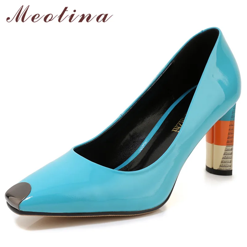 

Meotina High Heels Women Pumps Natural Genuine Leather Strange Style High Heels Shoes Cow Leather Square Toe Shoes Lady Size 39