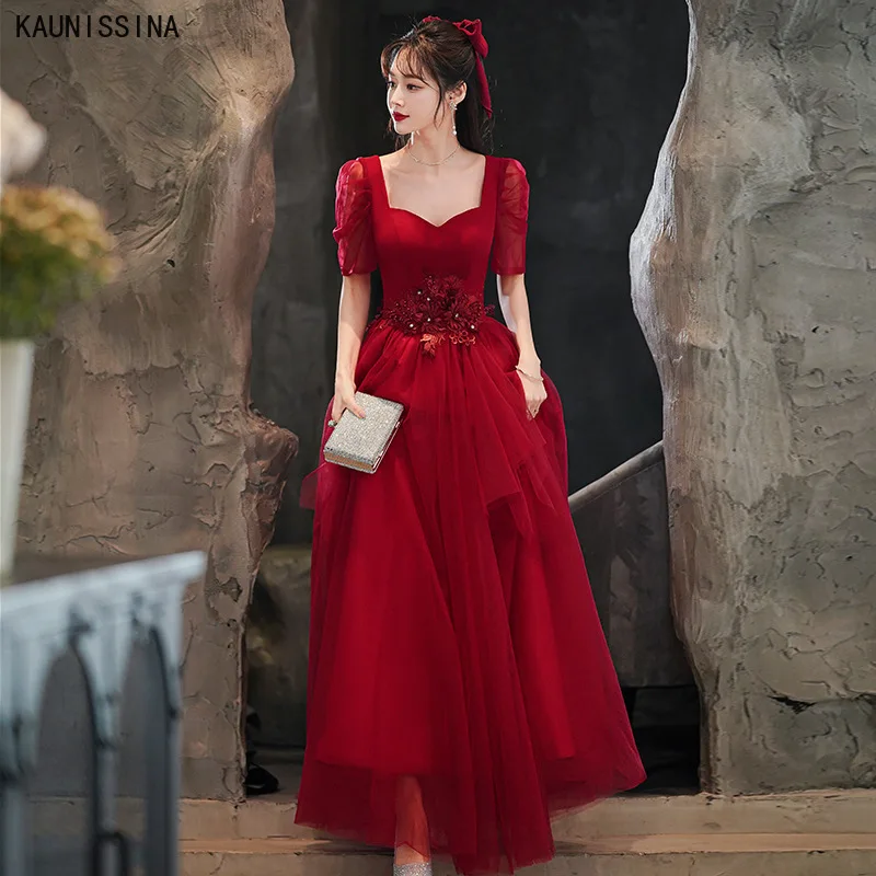 

KAUNISSINA Tulle Robe Evening Dresses Square Collar A-Line Appliques Women Elegant Party Dress Custom Size Prom Gowns
