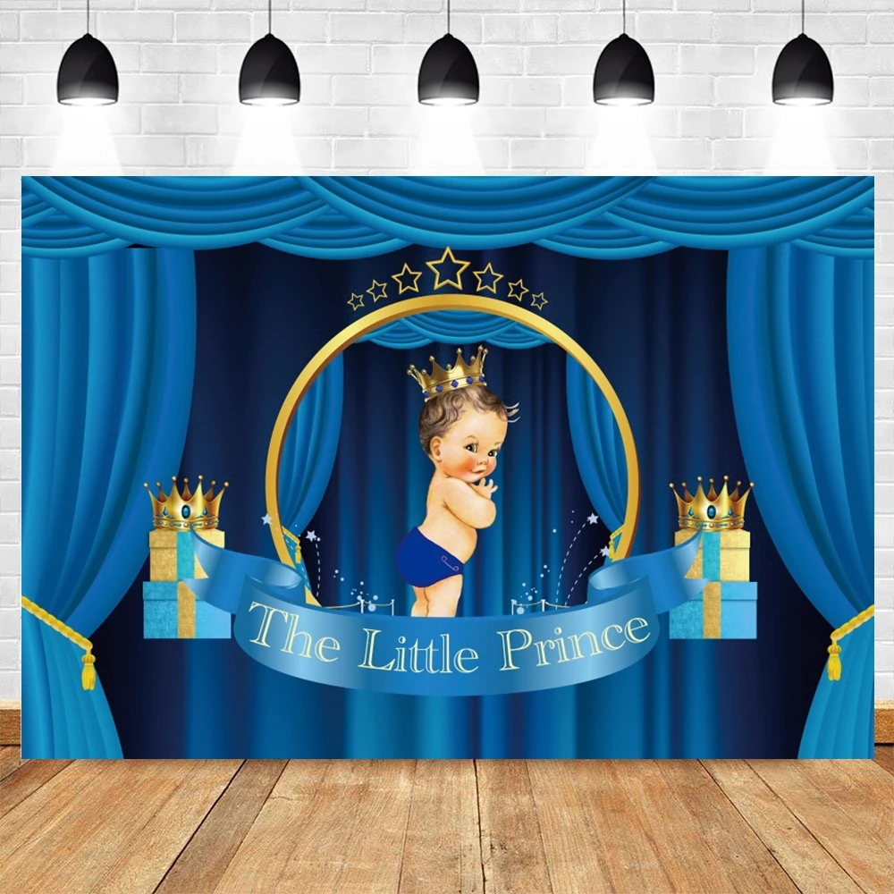 

Blue Curtain Golden Crown Newborn Baby Shower Boy Birthday Party Custom Vinyl Backdrop Photography Background For Photo Studio