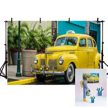 

Mehofond City Street Yellow Taxi Backdrops Green Plant Flower Baby Portrait Wedding Photography Backgrounds for Photo Studio