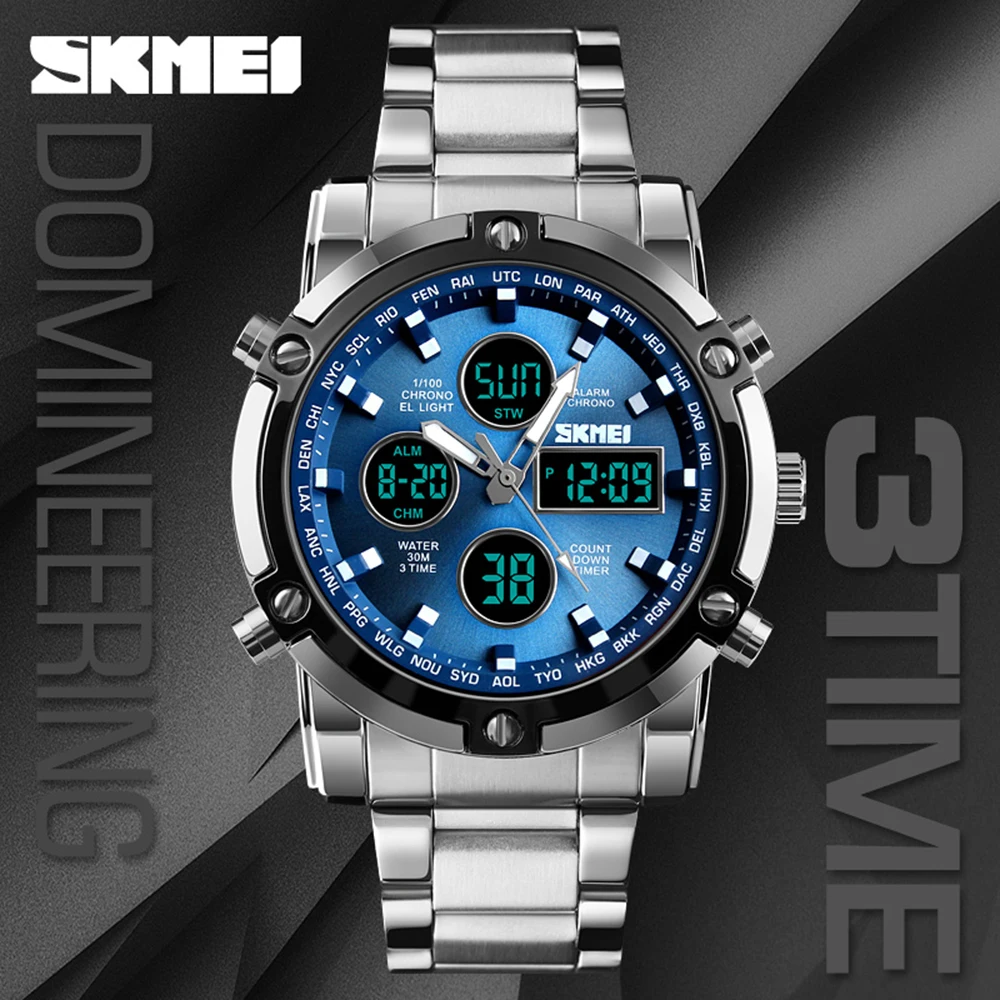 

Fashion Electronic Clock Watch Trend Multi-functional Three Time Large Dial Business Men's Electronic Steel Band Watches