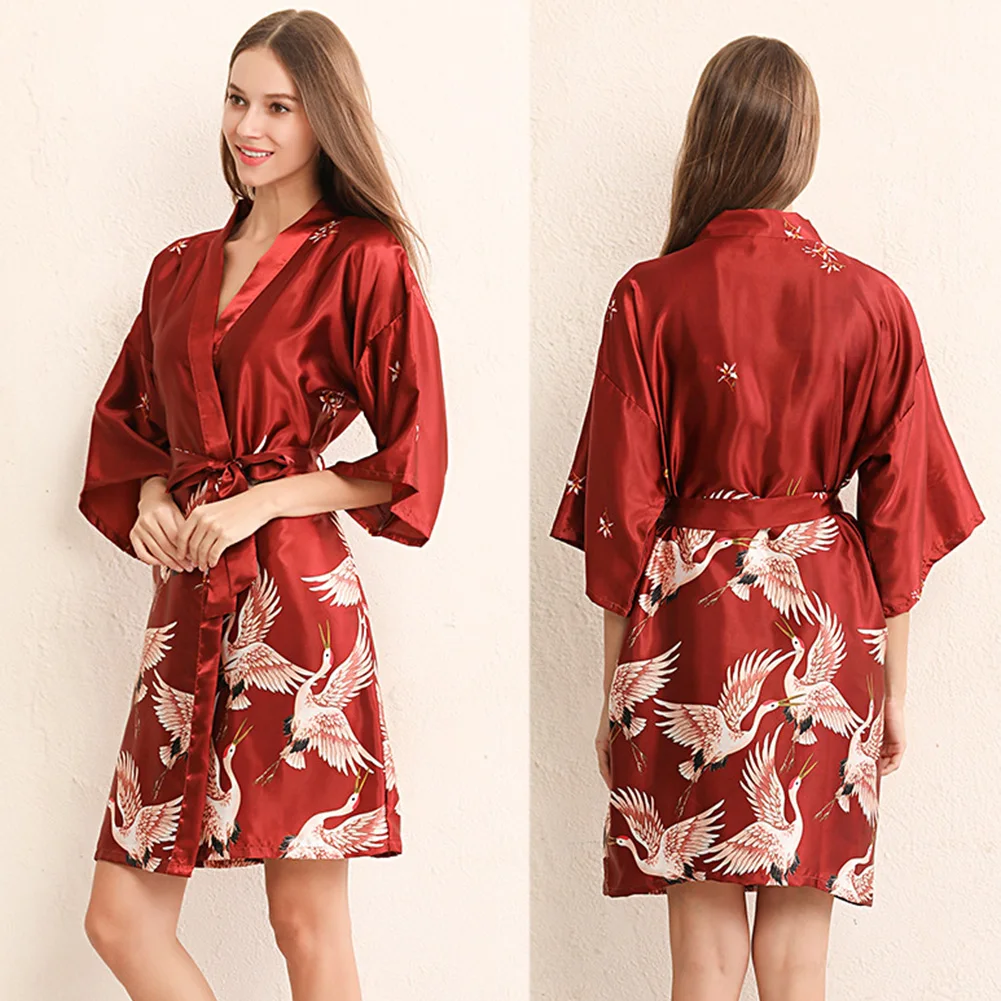Wine Red Ночная рубашка тонкая летняя Цветочная свободная, с коротким рукавом Сексуальная Талия галстук печатный кимоно V шеи женский халат свадебное короткое платье - Цвет: Wine Red