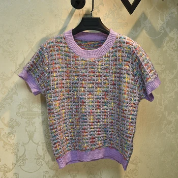 

Luxury Brand Designer Knitted Pullovers for Women O Neck Vintage Bright Silk Rainbow Knitted Short Sleeve Sweater