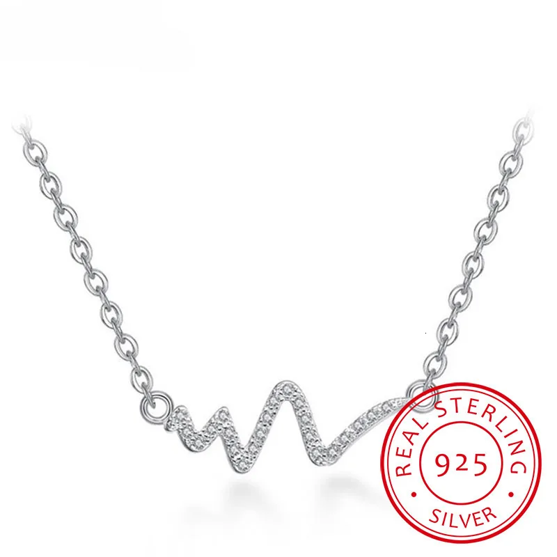 925 Sterling Silver Lightning Crystal Around Wave Heart Chic Ecg Heartbeat Pendant Chain Necklace Choker S-n06 | Украшения и
