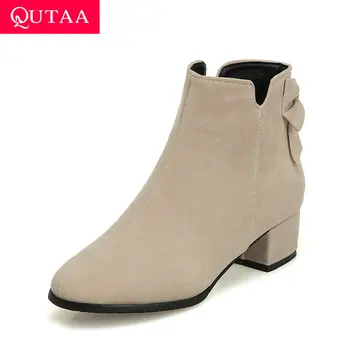 

QUTAA 2020 Scrub Round Toe Square Heel Antiskid women shoes Sweet Butterfly-Knot Zipper Autumn Winter Ankle Boots Size 34-43