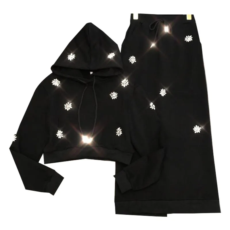 Тяжелая Зимняя Новинка, комплект с юбкой, свитер с алмазным цветком+ длинная посылка, облегающая юбка