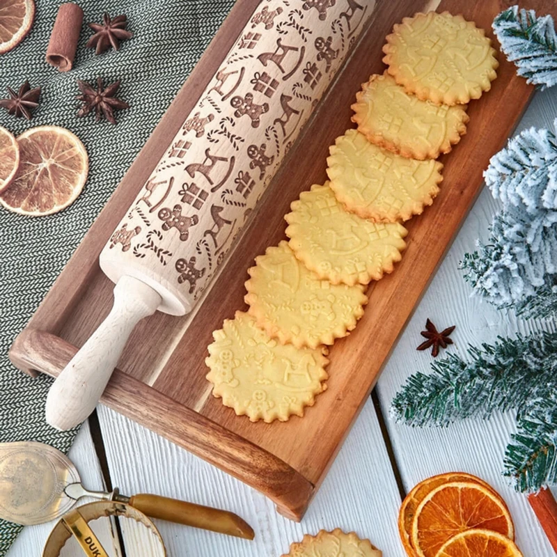 

Laser Engraving Wooden Rolling Pin Christmas Element Embossed Rolling Pin Delicate Professional Dough Roller for Kitchen