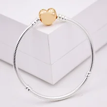 Authenetic 925 Sterling Silver Bracelet Gold Color Love Heart Clasp Snake Chain Bracelet Bangle Fit Women Bead Charm DIY Jewelry