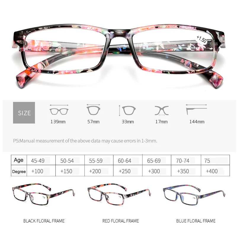 Для женщин Цветочная рамка очки для чтения Пресбиопия Анти Blue Ray очки диоптрий дальнозоркостью Prescription1.0 1,5 2,0 2,5 3,0 3,5 4,0