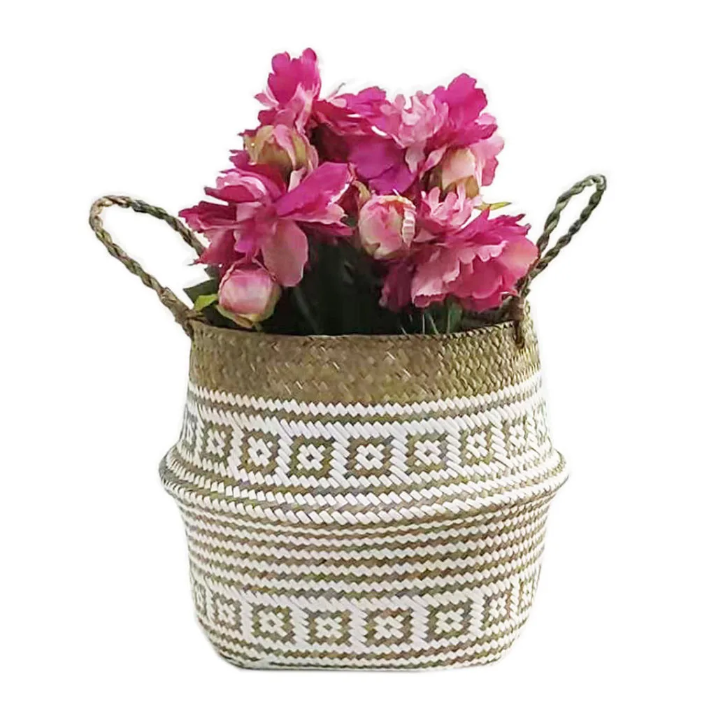 Foldable Handmade Seagrass Storage Basket Wicker Rattan Flower Pot Straw Garden Flower Pot Planter Clothes Storage Basket