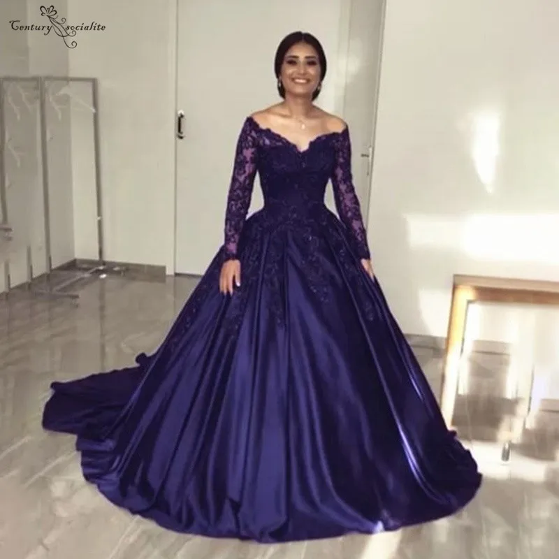 2019 темно-синий Атлас пышные платья с длинными рукавами Кружева Аппликации блестки с открытыми плечами сладкий 16 платье vestidos de quinceagnera