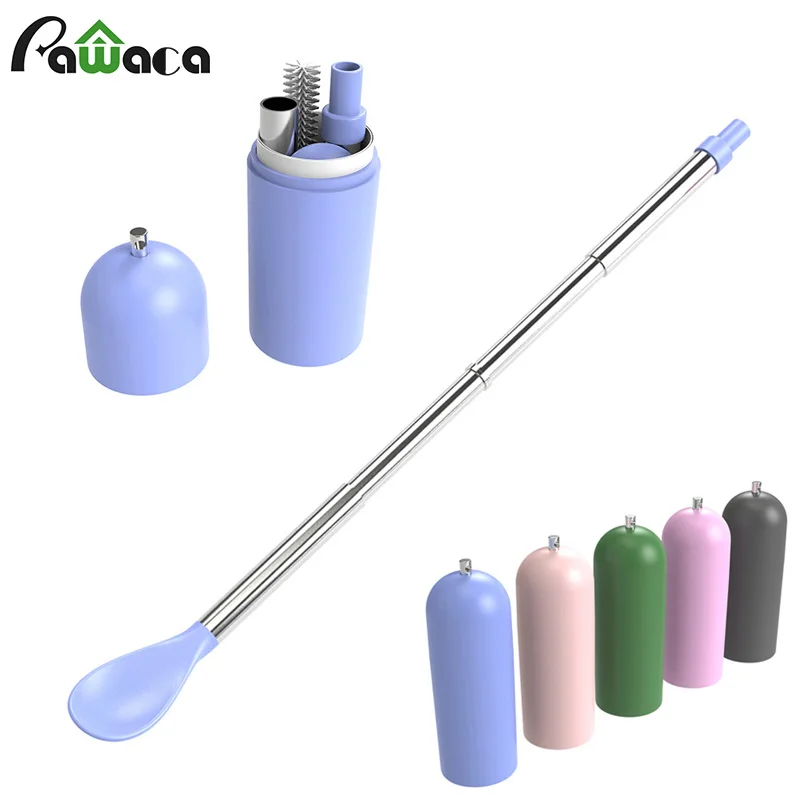 

Portable Retractable Drinking Straw with Spoon Folding Telescopic Reusable Stainless Steel Metal Straw with Clean Brush and Case