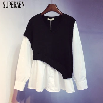 

SuperAen 2020 Korean Style New Shirts Women Spring Solid Color Wild Casual Ladies Blouse and Tops Long Sleeve V-neck Shirts