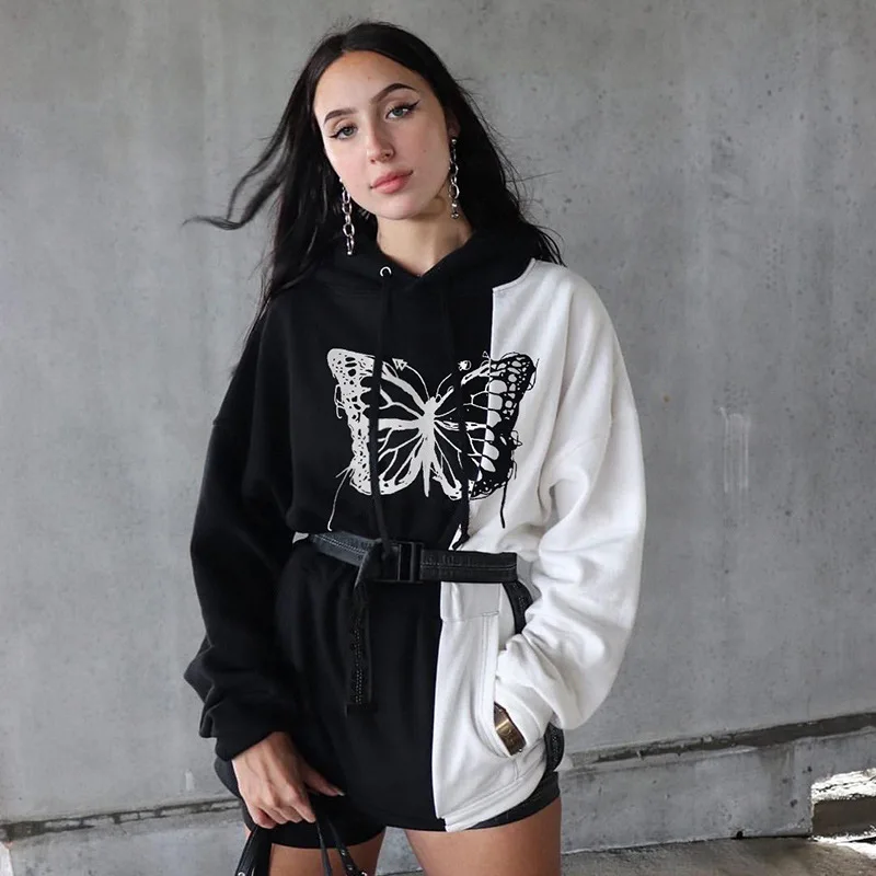 

Women's street new black and white contrast butterfly print Hoodie Crop Tops Autumn Clothing Coats