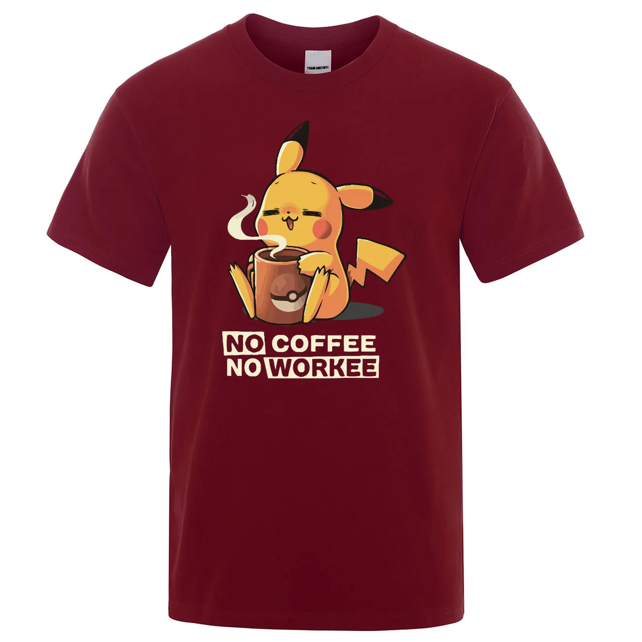 Футболки NO COFFEE NO WORKEE, Пикачу, футболка Pokemon, повседневные мужские футболки с круглым вырезом, Забавные футболки, черные мужские топы, брендовая одежда - Цвет: wine red 6