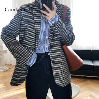 

CamKemsey Office Lady Leisure Blazer Jackets 2020 Korean Autumn Turn Down Collar Long Sleeve Casual Plaid Work Suit Coats