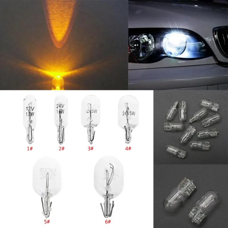 10Pcs T5 T10 W5W White Color 1.2W 5W 194 501 Halogen Bulb Side Wedges Car Light Source Instrument Lamp