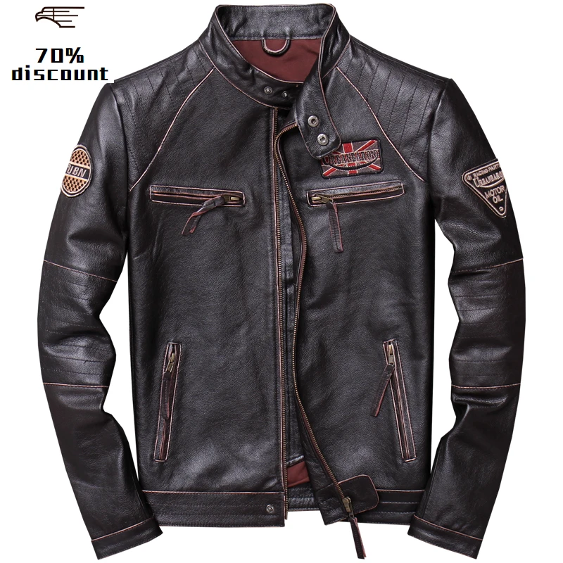 

2020 Vintage Brown Men Slim Fit Motorcycle Leather Jacket Plus Size XXXXL Genuine Cowhide Spring Biker's Coat FREE SHIPPING