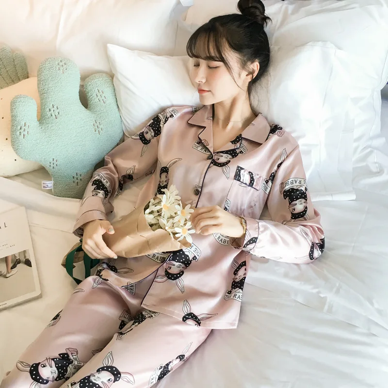 

Pajamas Women's Spring And Autumn Long Sleeve Viscose Cute wei jin tu Two-Piece Set Loose Silk-Outer Wear Tracksuit