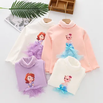 

Girls Princess T-Shirt Elsa Children Cotton Turtleneck Lace T Shirt Plus Velvet Thicken 3D Sophia Kids Birthday Party Clothes
