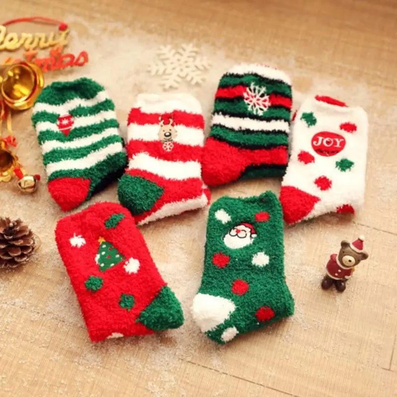 6 Pairs Womens Winter Fuzzy Slipper Socks Christmas Embroidery Thermal Hosiery Y1AC