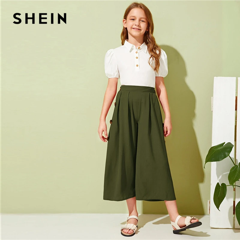SHEIN Kiddie Girls Solid Button Side Pleated Palazzo Casual Pant Kids Bottom Summer High Waist Teenagers Loose Pants