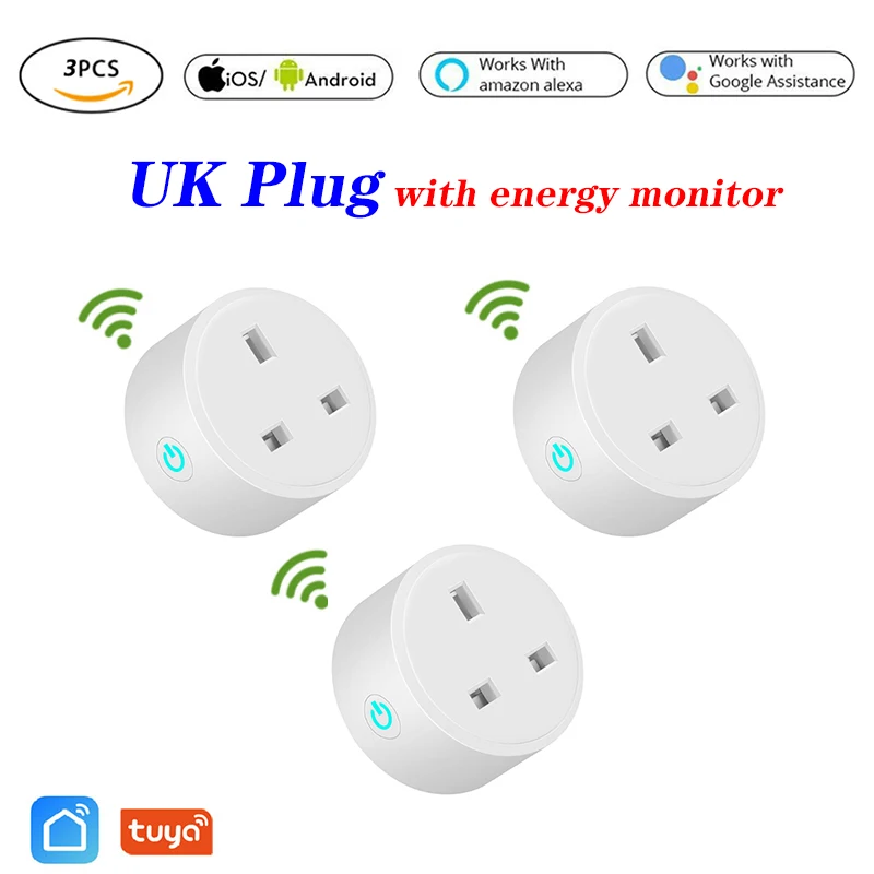 3 шт. Tuya Wifi умная розетка Smart mini plug UK WiFi Пульт дистанционного управления с Alexa Google home энергетический монитор - Цвет: 3pcs energy monitor